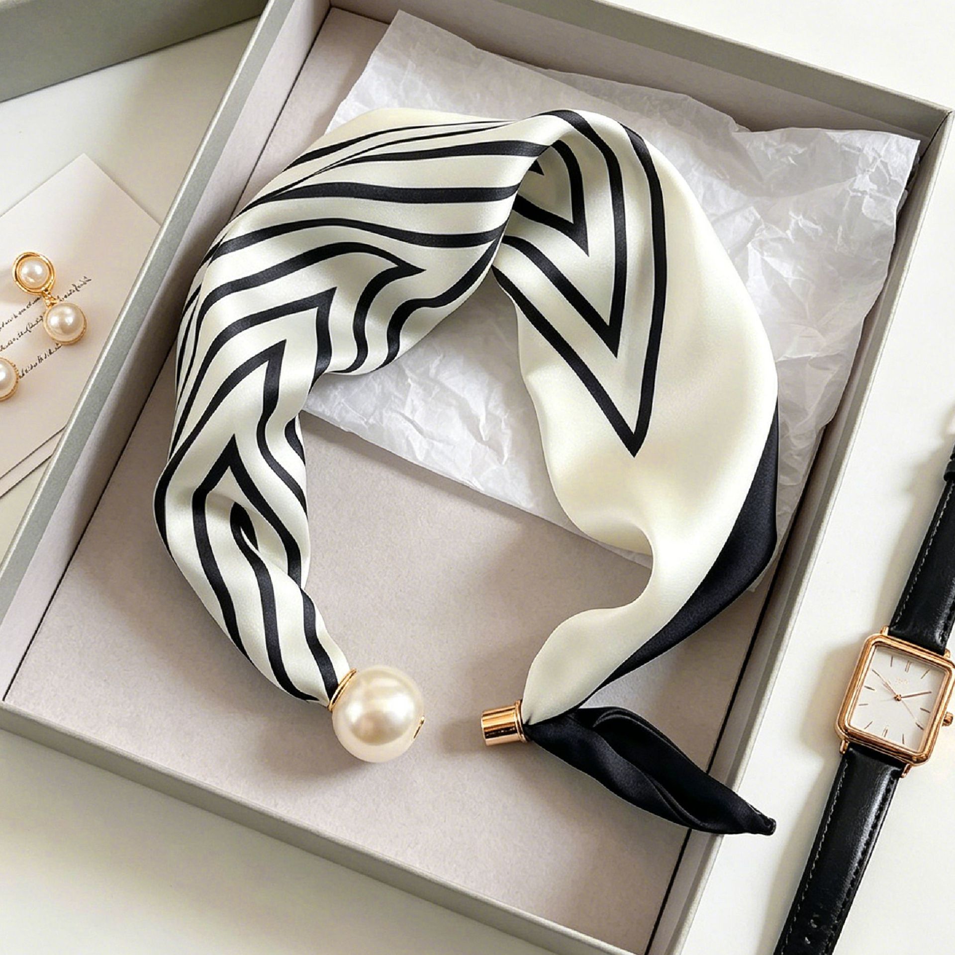 Silk Neck Scarf - Elegant Chic Pearl Stripe Scarfs Women